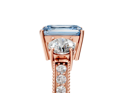Rose gold Fancy Blue Emerald Cut Three-Stone Diamond Ring with Pavé Band and Four-Prong Setting_5