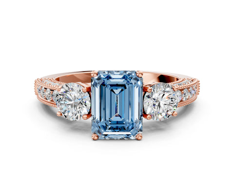 Rose gold Fancy Blue Emerald Cut Three-Stone Diamond Ring with Pavé Band and Four-Prong Setting