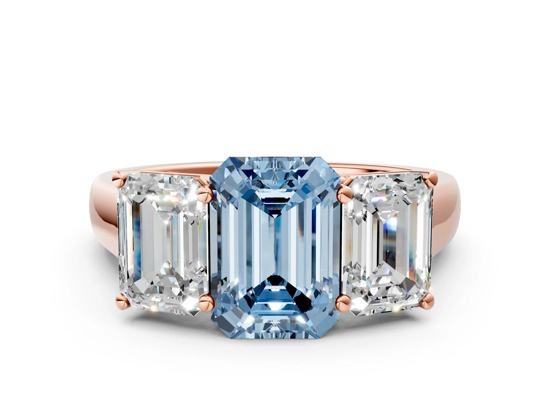 Rose gold Fancy Blue Emerald Cut Three-Stone Diamond Ring with Prong Setting on a Classic Band_12