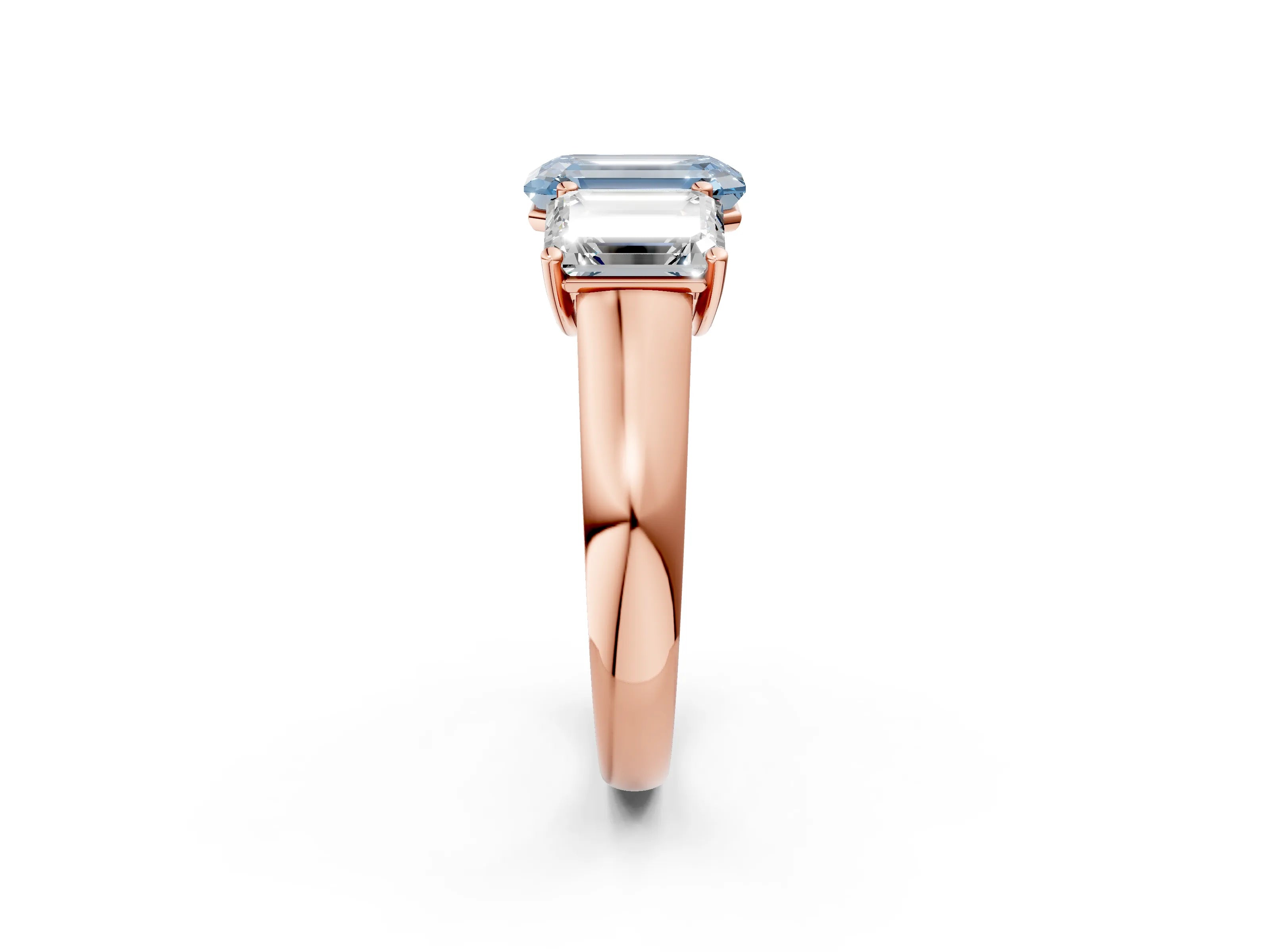 Rose gold Fancy Blue Emerald Cut Three-Stone Diamond Ring with Prong Setting on a Classic Band_2