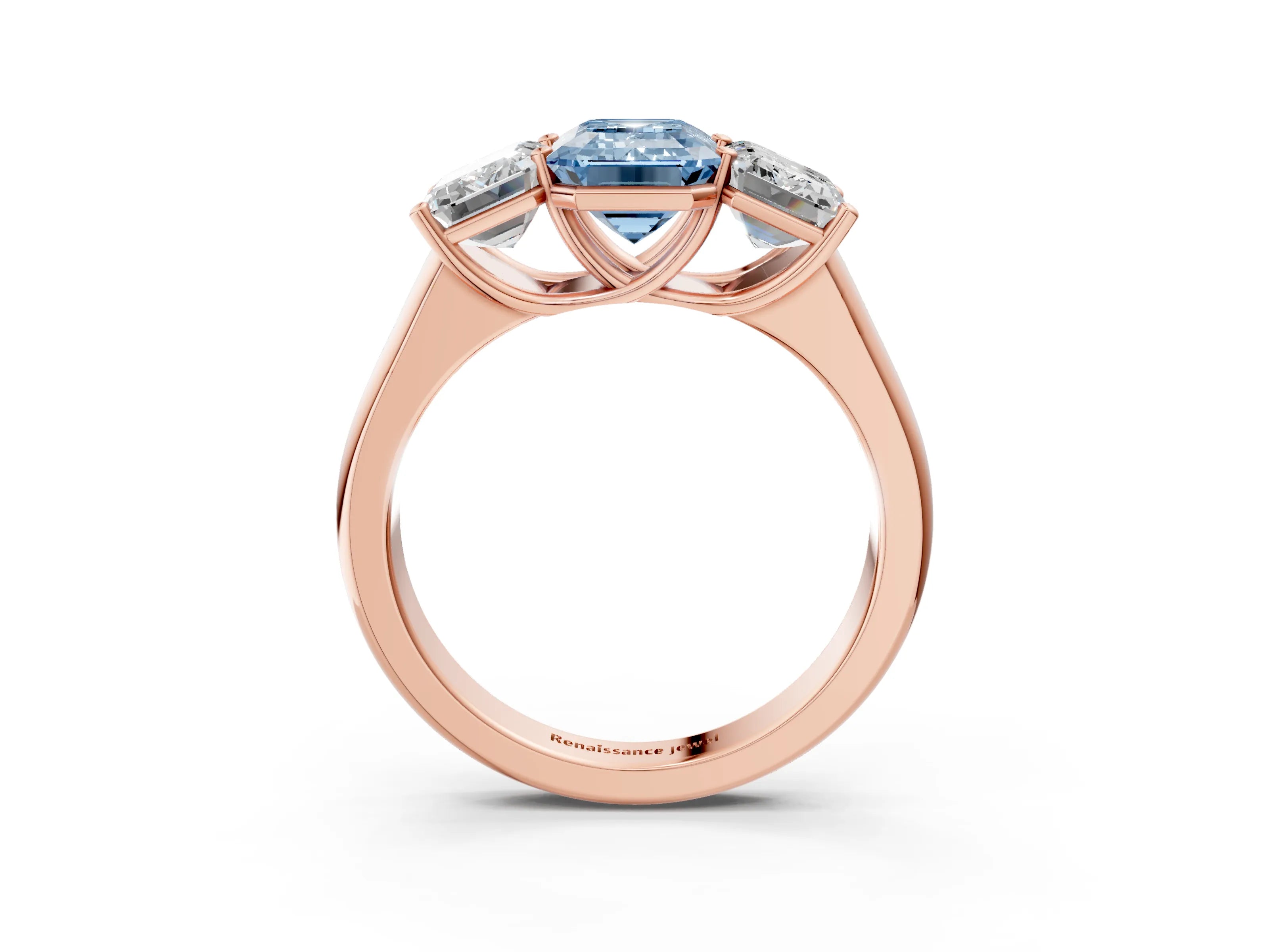 Rose gold Fancy Blue Emerald Cut Three-Stone Diamond Ring with Prong Setting on a Classic Band_3