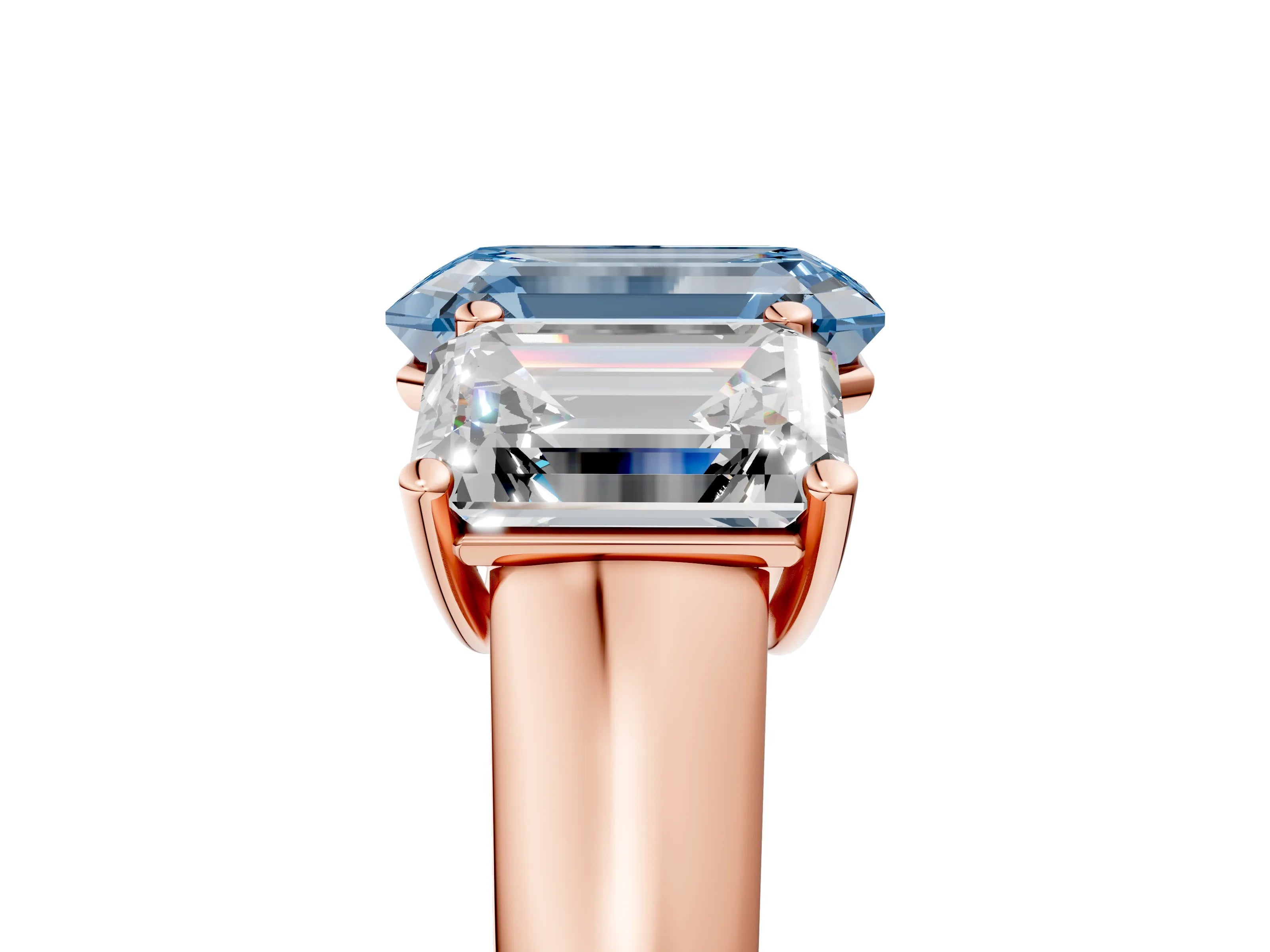 Rose gold Fancy Blue Emerald Cut Three-Stone Diamond Ring with Prong Setting on a Classic Band_5