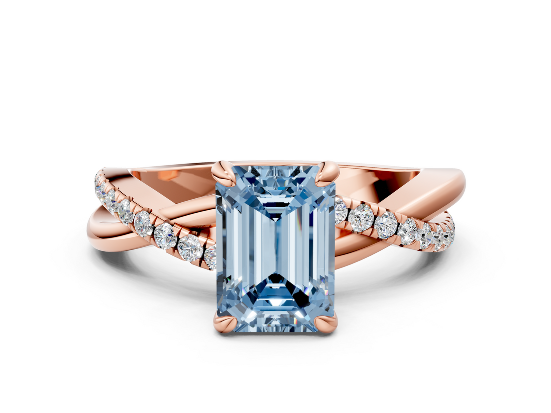 Rose gold Fancy Blue Emerald  Cut Twist Band Solitaire Diamond Ring with Pavé Setting_3
