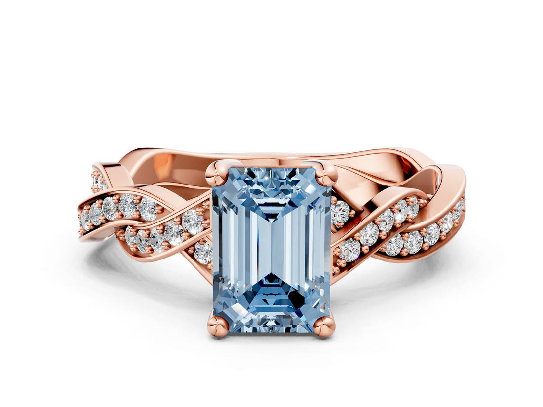 Rose gold Fancy Blue Emerald  Cut Twisted Pavé Band Solitaire Ring with Four-Prong Setting_55