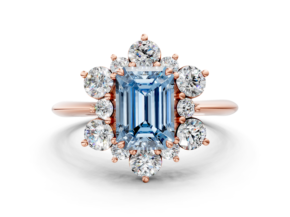 Rose gold Fancy Blue Emerald  Diamond Cluster Halo Ring with Solitaire Band and Four-Prong Setting_20
