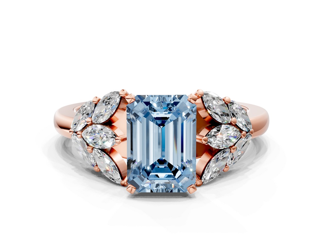 Rose gold Fancy Blue Emerald  Diamond Cluster Leaf Design Ring with Prong Setting_52