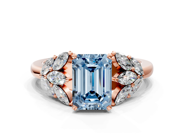 Rose gold Fancy Blue Emerald  Diamond Cluster Leaf Design Ring with Prong Setting
