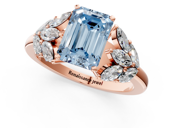 Rose gold Fancy Blue Emerald  Diamond Cluster Leaf Design Ring with Prong Setting