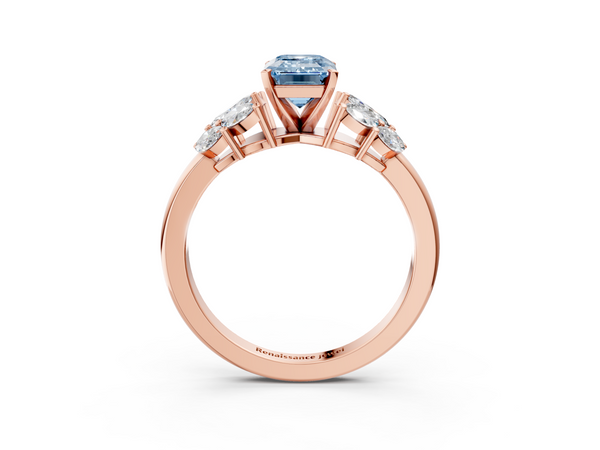 Rose gold Fancy Blue Emerald  Diamond Cluster Leaf Design Ring with Prong Setting