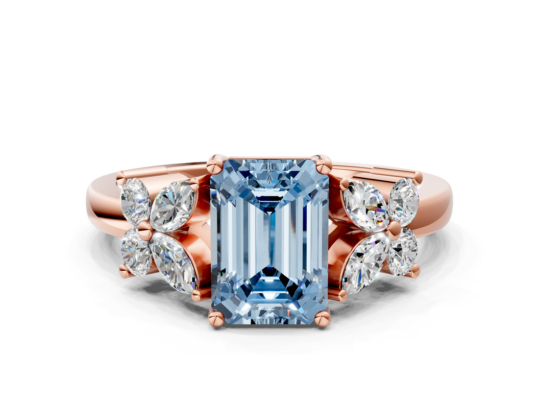 Rose gold Fancy Blue Emerald  Diamond Floral Cluster Ring with Solitaire Band and Prong Setting_32