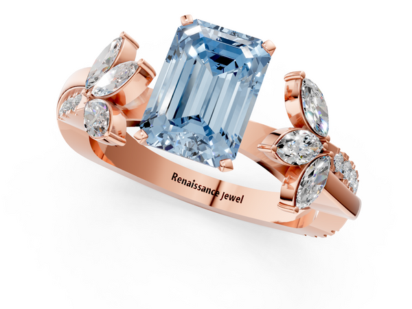 Rose gold Fancy Blue Emerald  Diamond Floral Vine Solitaire Engagement Ring