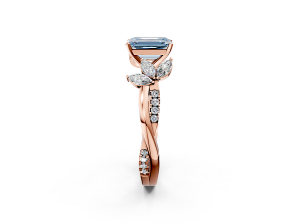 Rose gold Fancy Blue Emerald  Diamond Floral Vine Solitaire Engagement Ring
