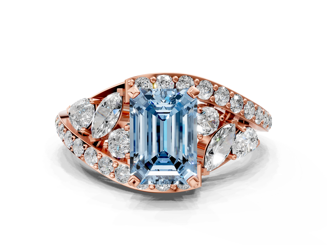 Rose gold Fancy Blue Emerald  Diamond Halo Ring with Marquise and Pavé Band in Prong Setting_67