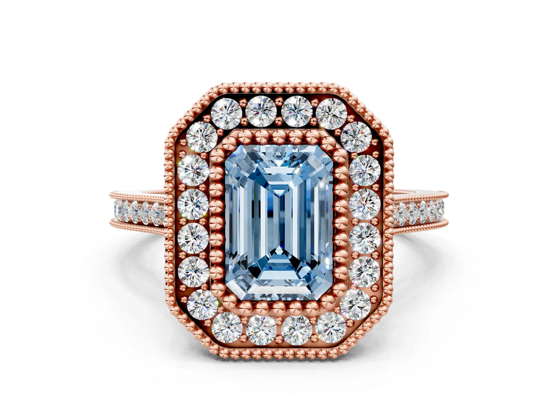 Rose gold Fancy Blue Emerald  Diamond Halo Ring with Milgrain Frame and Pavé Band