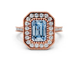 Rose gold Fancy Blue Emerald  Diamond Halo Ring with Milgrain Frame and Pavé Band