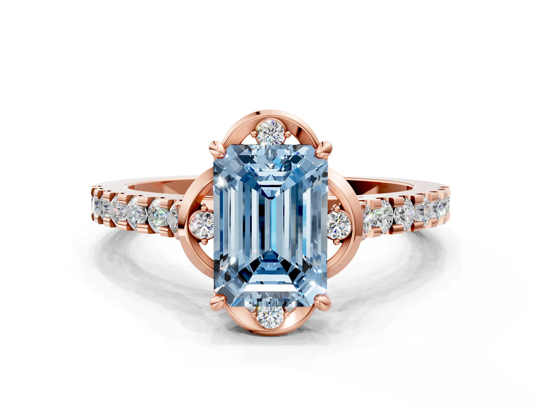 Rose gold Fancy Blue Emerald  Diamond Pave Band with Floral Prong Setting_27