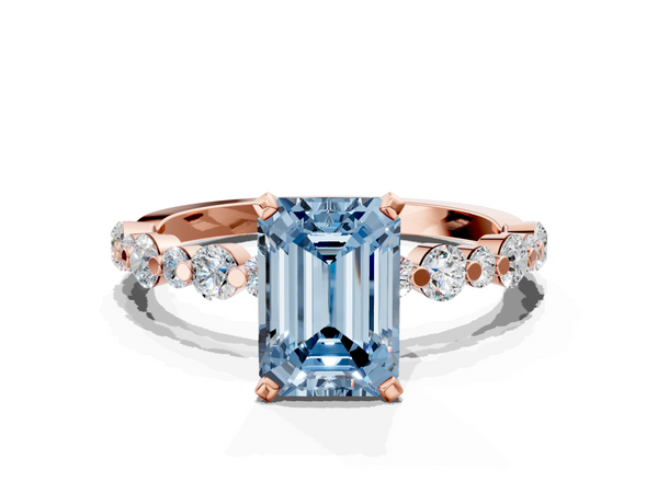 Rose gold Fancy Blue Emerald Cut Diamond Prong Set Engagement Ring with Pavé Band