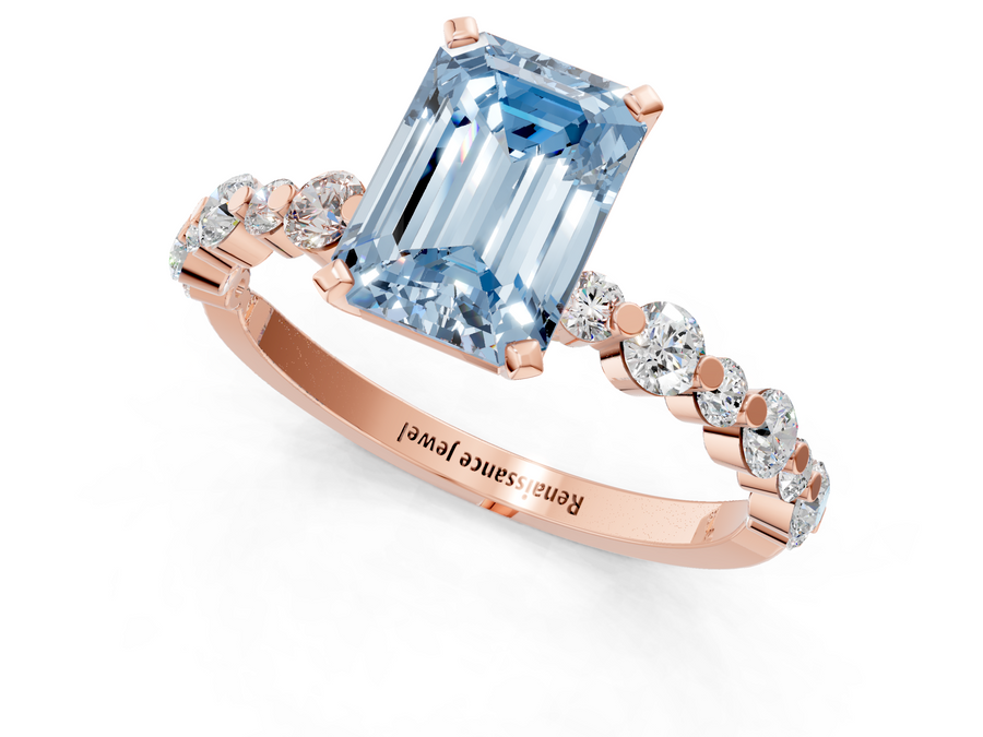 Rose gold Fancy Blue Emerald Cut Diamond Prong Set Engagement Ring with Pavé Band