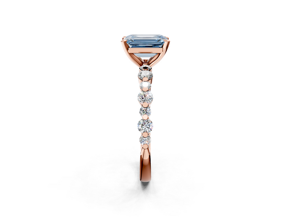 Rose gold Fancy Blue Emerald Cut Diamond Prong Set Engagement Ring with Pavé Band