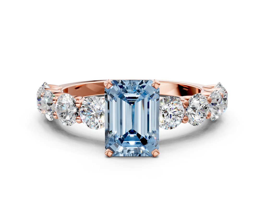 Rose gold Fancy Blue Emerald  Diamond Prong Setting with Side Stones on a Pave Band_141