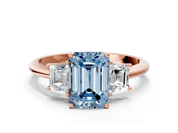 Rose gold Fancy Blue Emerald  Diamond Three-Stone Ring with Trapezoid Side Stones and Prong Setting