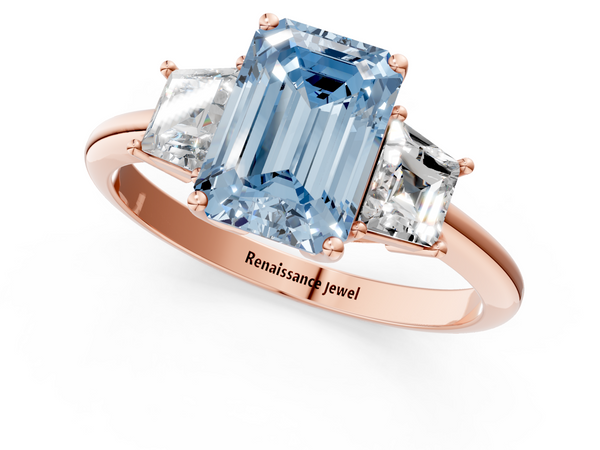 Rose gold Fancy Blue Emerald  Diamond Three-Stone Ring with Trapezoid Side Stones and Prong Setting