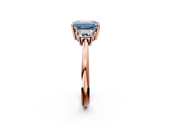 Rose gold Fancy Blue Emerald  Diamond Three-Stone Ring with Trapezoid Side Stones and Prong Setting