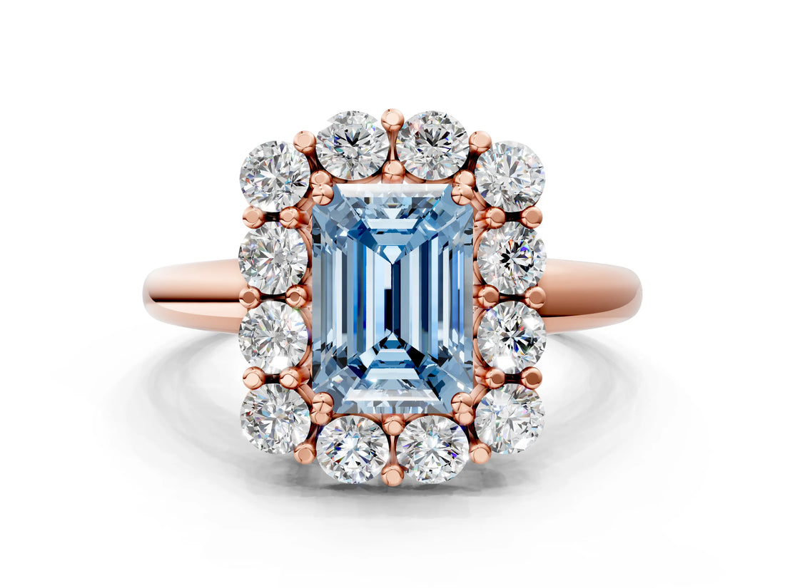 Rose gold Fancy Blue Emerald  Halo Cluster Diamond Engagement Ring with Prong Setting and Polished Band_63
