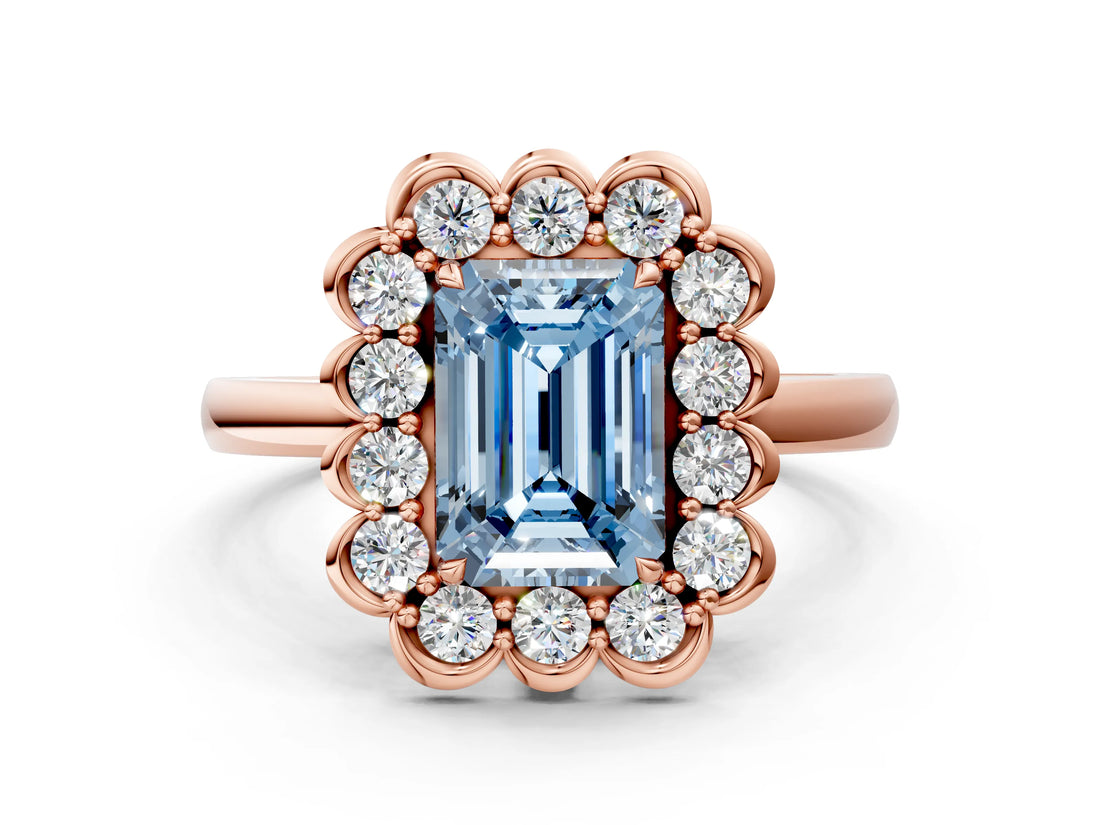 Rose gold Fancy Blue Emerald  Halo Cluster Diamond Engagement Ring with Solitaire Band and Prong Setting_49