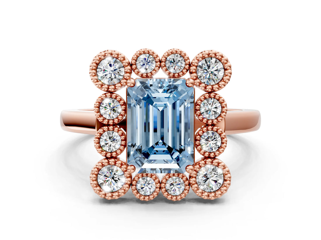 Rose gold Fancy Blue Emerald  Halo Diamond Cluster Engagement Ring with Milgrain Bezel Setting and Solitaire Band_57