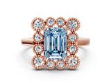 Rose gold Fancy Blue Emerald  Halo Diamond Cluster Engagement Ring with Milgrain Bezel Setting and Solitaire Band_57