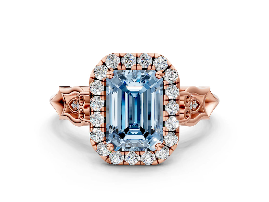 Rose gold Fancy Blue Emerald  Halo Diamond Engagement Ring with Filigree Band and Four-Prong Setting_81