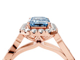 Rose gold Fancy Blue Emerald  Halo Diamond Engagement Ring with Filigree Band and Four-Prong Setting_85