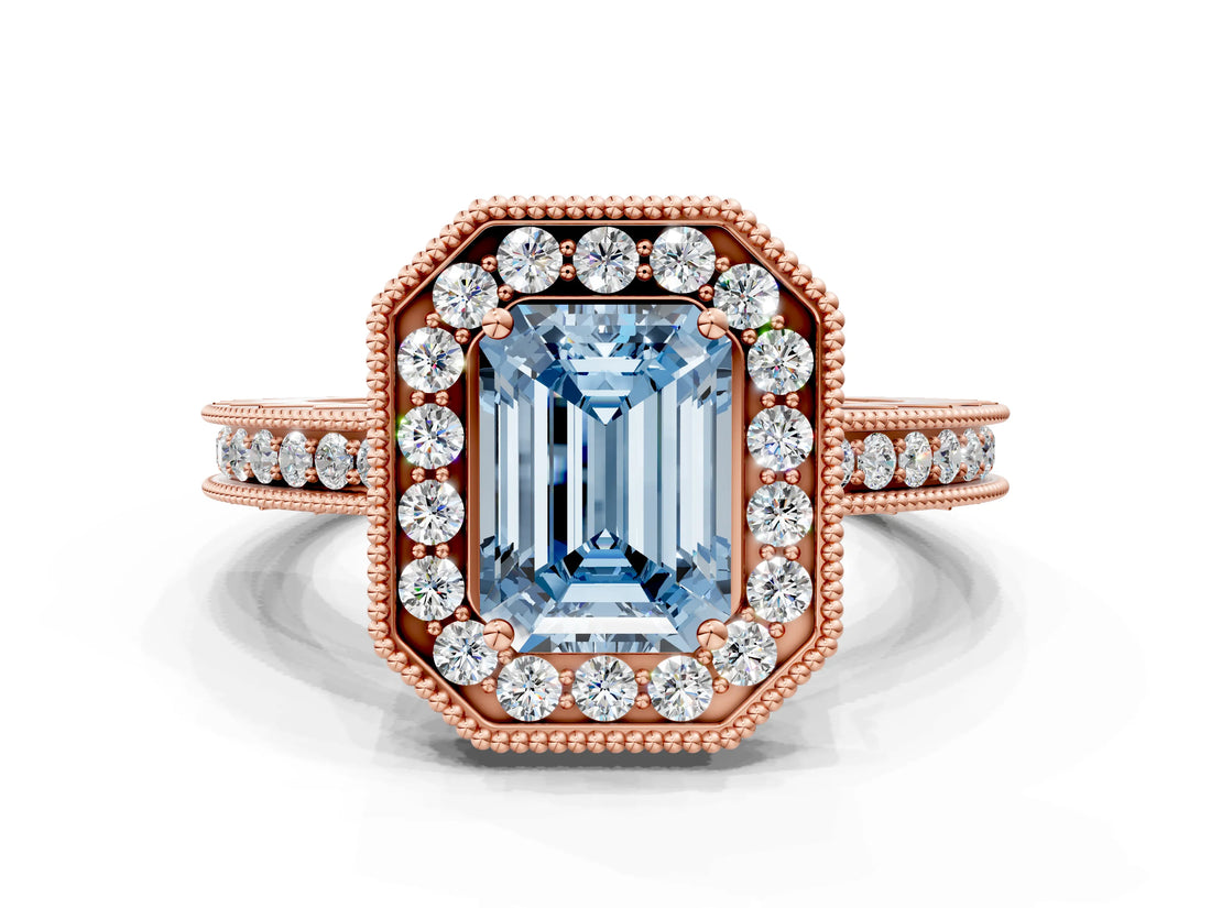Rose gold Fancy Blue Emerald  Halo Diamond Engagement Ring with Milgrain Pave Band and Four-Prong Setting_38