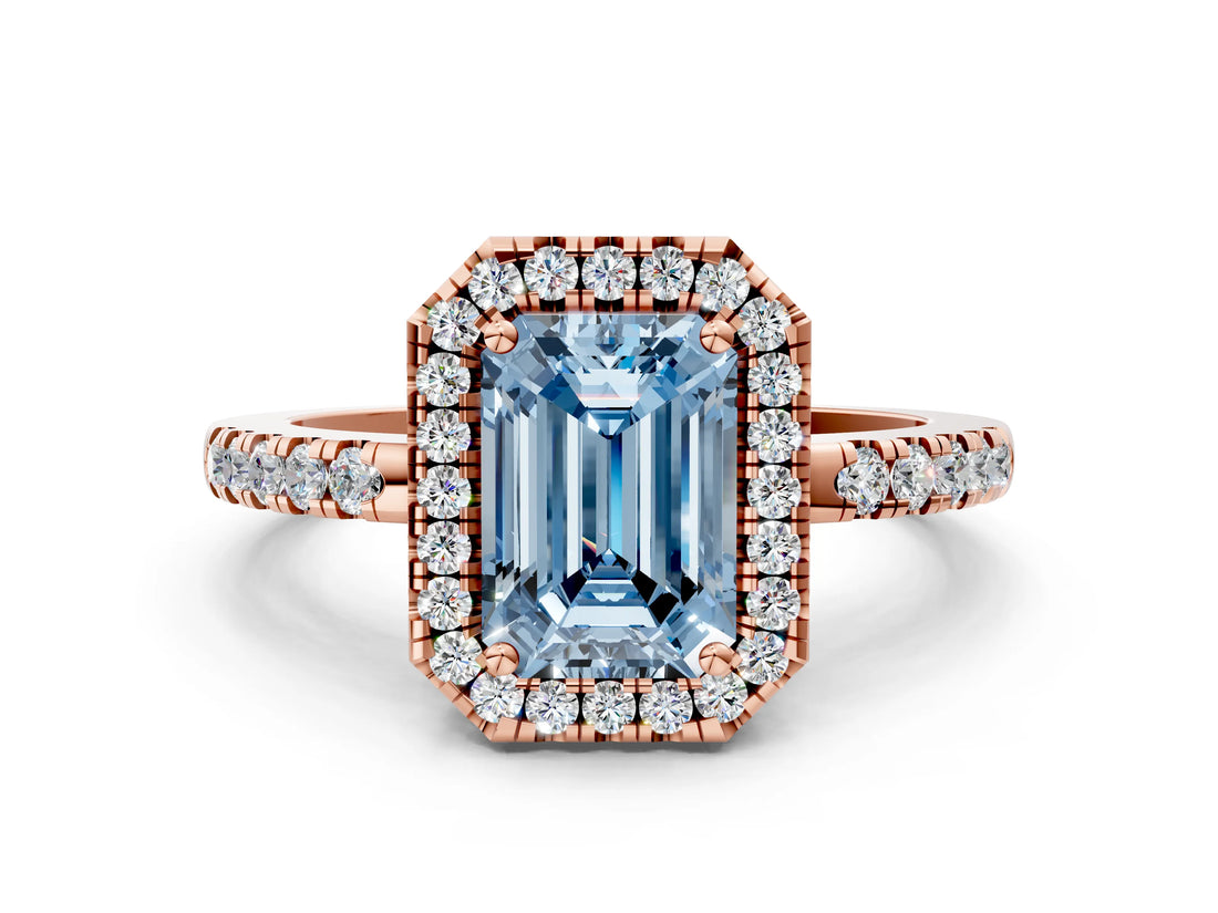 Rose gold Fancy Blue Emerald  Halo Diamond Engagement Ring with Pavé Band and Four-Prong Setting_93