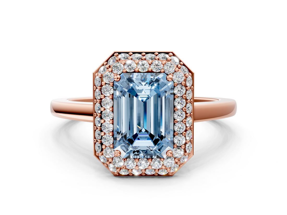 Rose gold Fancy Blue Emerald  Halo Diamond Engagement Ring with Solitaire Band and Four-Prong Setting_19