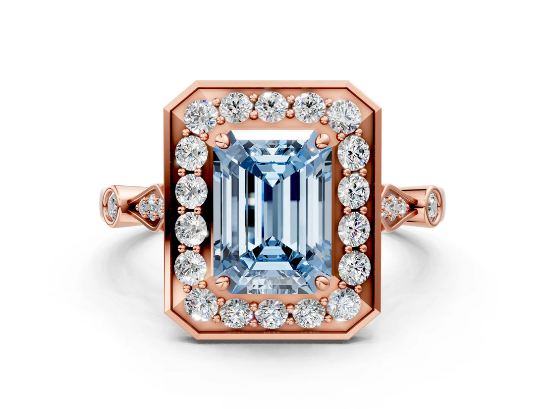 Rose gold Fancy Blue Emerald  Halo Diamond Engagement Ring with Twisted Band and Four-Prong Setting 1
