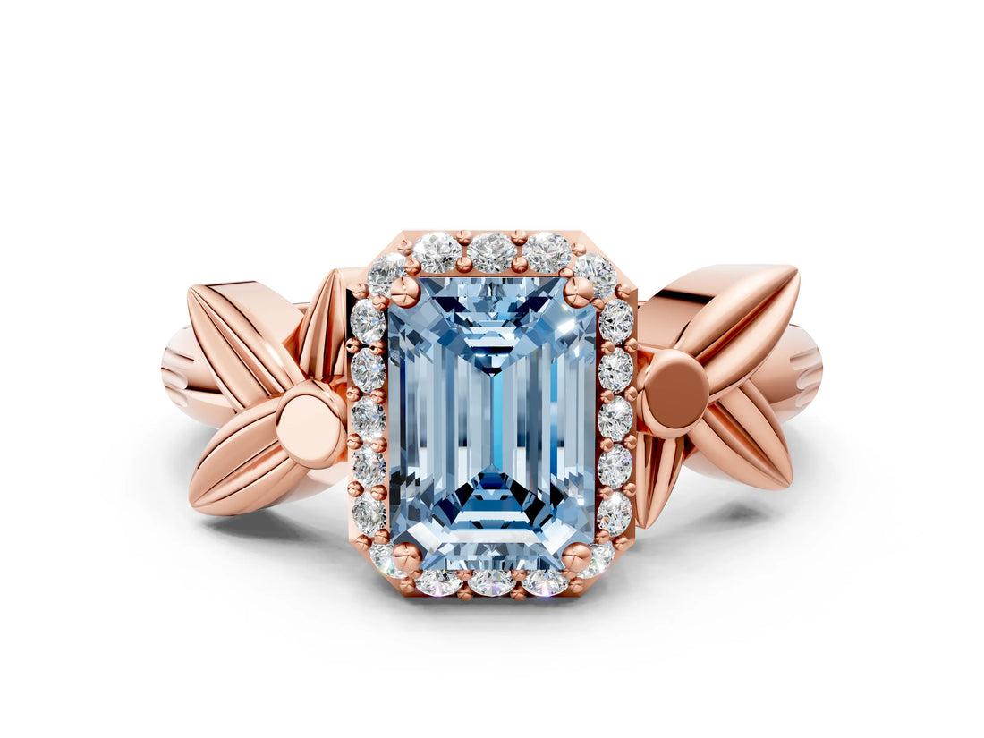 Rose gold Fancy Blue Emerald  Halo Diamond Floral Band with Four-Prong Setting_55