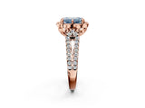 Rose gold Fancy Blue Emerald  Halo Diamond Floral Split Shank Engagement Ring 2
