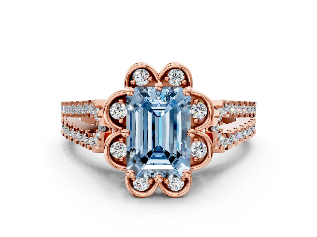 Rose gold Fancy Blue Emerald  Halo Diamond Floral Split Shank Engagement Ring