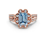 Rose gold Fancy Blue Emerald  Halo Diamond Floral Split Shank Engagement Ring