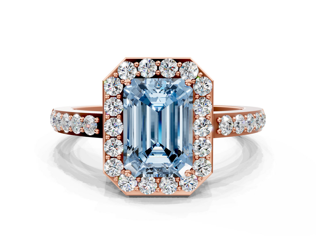 Rose gold Fancy Blue Emerald  Halo Diamond Pavé Band Ring with Prong Setting_20