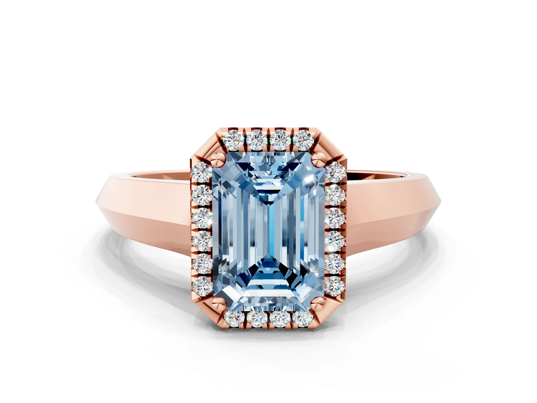 Rose gold Fancy Blue Emerald  Halo Diamond Ring with Cathedral Band and Four-Prong Setting_49