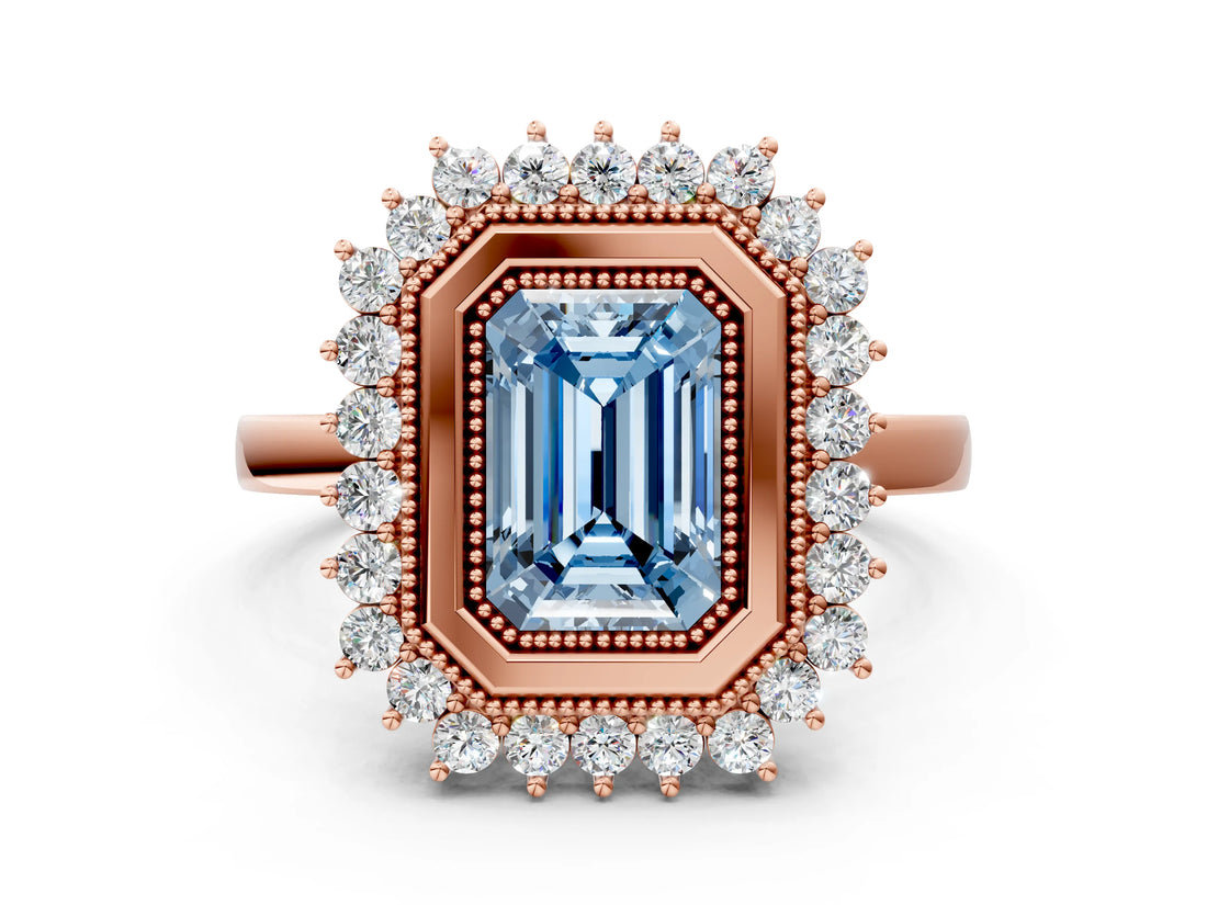 Rose gold Fancy Blue Emerald  Halo Diamond Ring with Milgrain Edge and Round Prong Setting_25