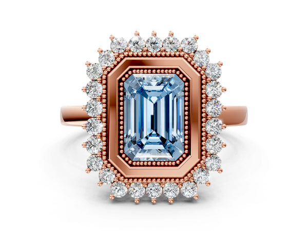 Rose gold Fancy Blue Emerald  Halo Diamond Ring with Milgrain Edge and Round Prong Setting