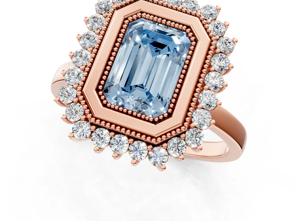 Rose gold Fancy Blue Emerald  Halo Diamond Ring with Milgrain Edge and Round Prong Setting