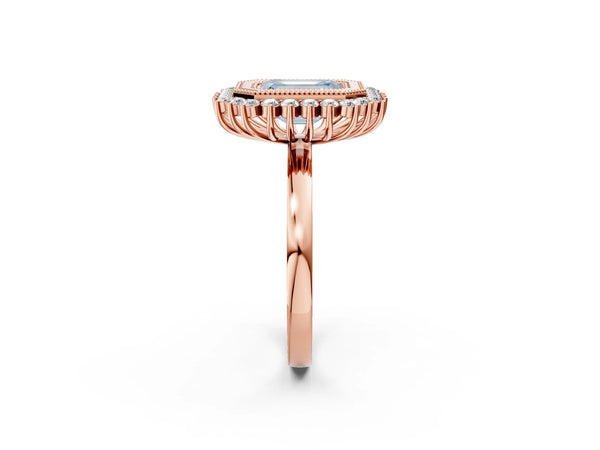 Rose gold Fancy Blue Emerald  Halo Diamond Ring with Milgrain Edge and Round Prong Setting
