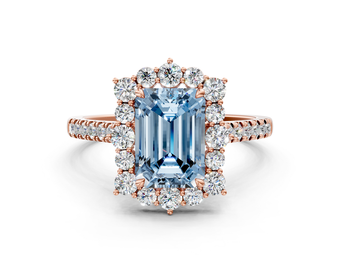 Rose gold Fancy Blue Emerald  Halo Diamond Ring with Pavé Band and Prong Setting_20