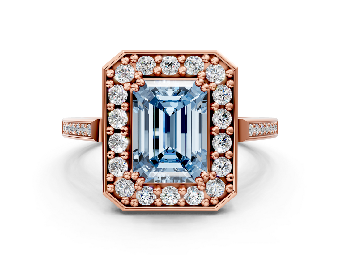 Rose gold Fancy Blue Emerald  Halo Diamond Ring with Split Shank and Four-Prong Setting_32