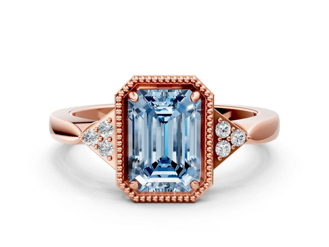 Rose gold Fancy Blue Emerald  Halo Diamond Ring with Tapered Band and Four-Prong Setting_3